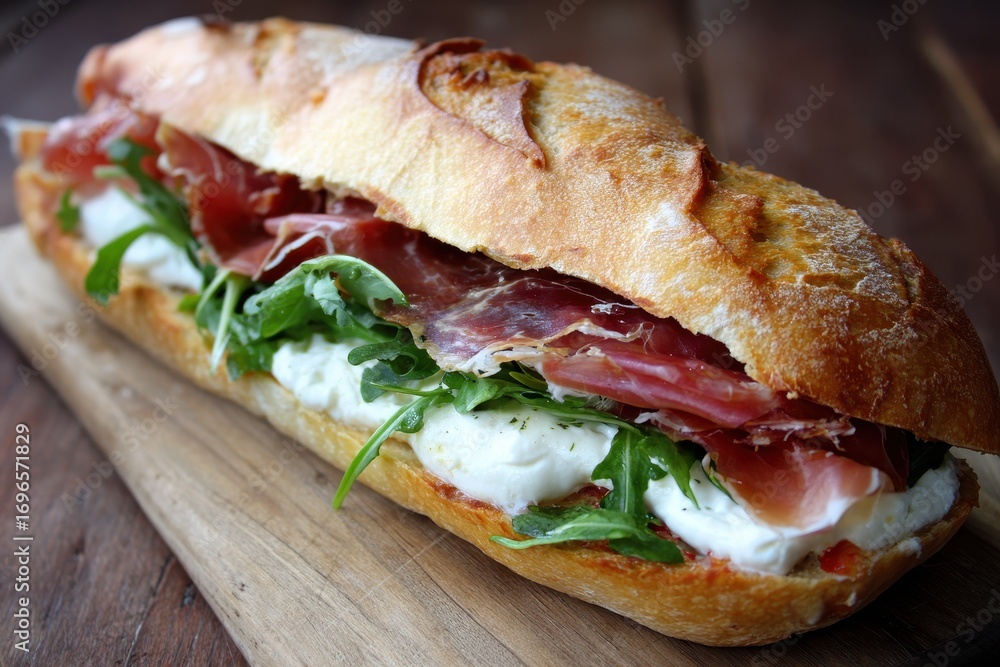 Obraz premium Mozzarella And Prosciutto Sandwich. Fresh Homemade Baguette Sandwich with Healthy Ingredients