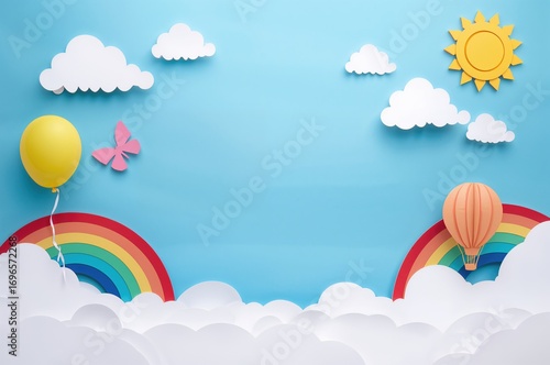 Beautiful soft clouds in a clear blue sky with a summer sun, a balloon, a pink butterfly, a hot air balloon, and a rainbow. Vector style illustration. Paper cut theme.