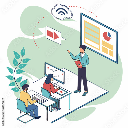 Online learning. Concept of webinar, business online training, education on computer or e-learning concept, video tutorial vector illustration