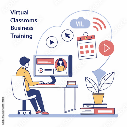 Online learning. Concept of webinar, business online training, education on computer or e-learning concept, video tutorial vector illustration