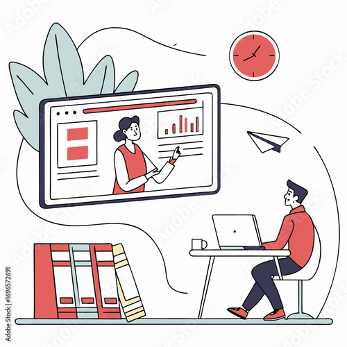 Online learning. Concept of webinar, business online training, education on computer or e-learning concept, video tutorial vector illustration