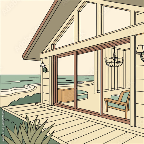 A stunning beach house with a large sliding glass door offering an unobstructed ocean view, showcasing luxurious interior design elements