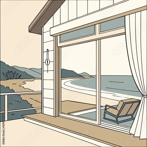A stunning beach house with a large sliding glass door offering an unobstructed ocean view, showcasing luxurious interior design elements