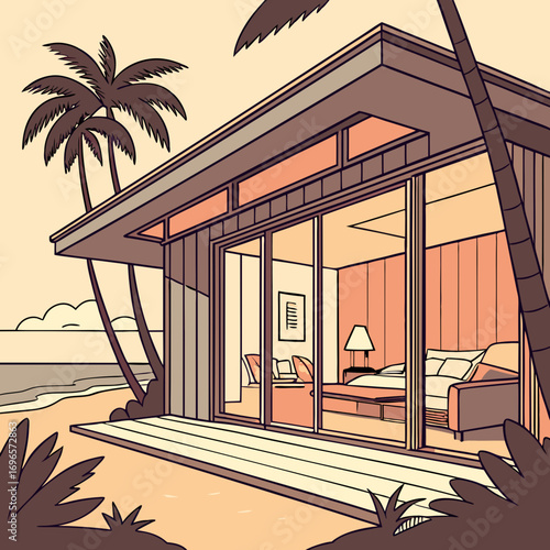 A stunning beach house with a large sliding glass door offering an unobstructed ocean view, showcasing luxurious interior design elements