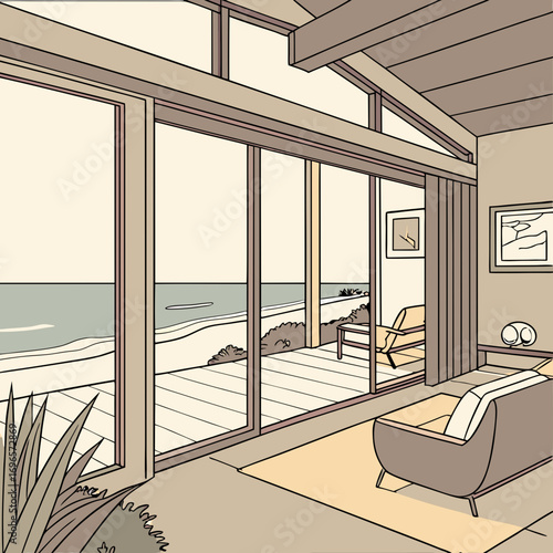 A stunning beach house with a large sliding glass door offering an unobstructed ocean view, showcasing luxurious interior design elements