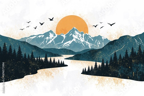 Stunning nature view with hills, flowing water, birds, and sunshine, minimalist landscape art, abstract bohemian nature decor, perfect for home or workspace decoration.