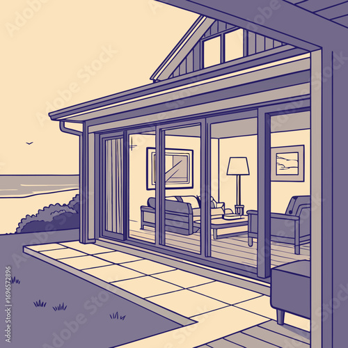 A stunning beach house with a large sliding glass door offering an unobstructed ocean view, showcasing luxurious interior design elements
