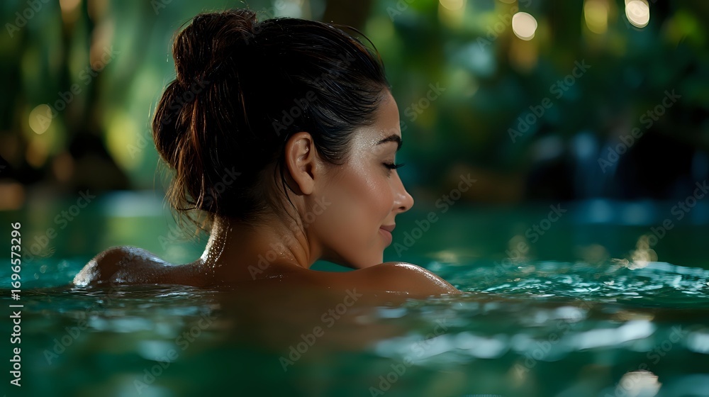 Fototapeta premium Young Hispanic woman relaxing in turquoise pool water at dusk, with soft bokeh lights and lush greenery creating serene spa atmosphere.