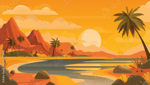 Tropical beach paradise at sunset with palm trees mountains and warm orange light illustration