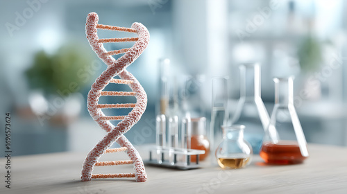 DNA Double Helix Model on Laboratory Table With Scientific Glassware, Representing Genetic Research, Biotechnology, and Molecular Science Innovation