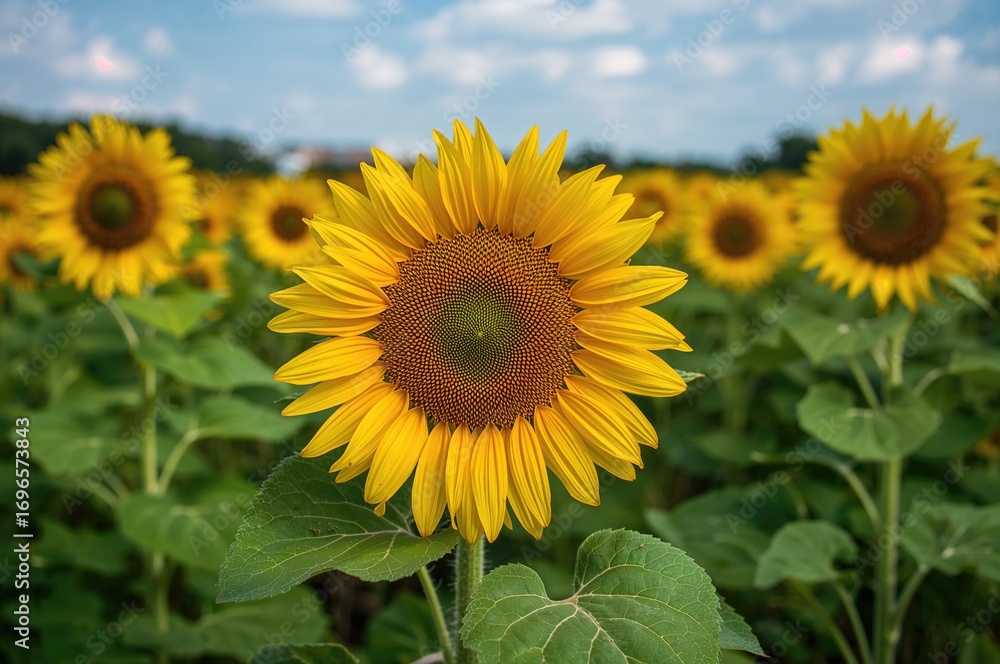 Fototapeta premium Sunflower blooms spread across vast fields under clear skies during warm sunny days, commonly cultivated for vegetable oil extraction.