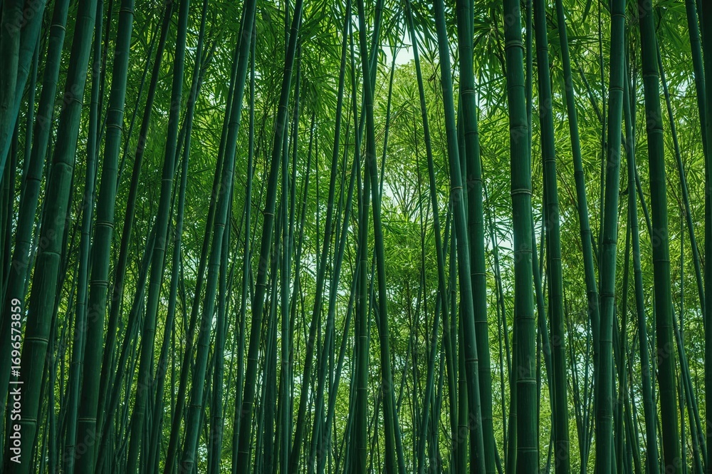 Naklejka premium Lush bamboo grove with vibrant greenery - artistic Asian-inspired design featuring bamboo branches and natural elements