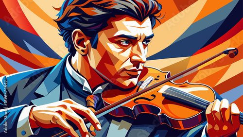 Close-up portrait of male violinist holding violin gracefully. Isolated background emphasizes melody, harmony, and artistic passion.