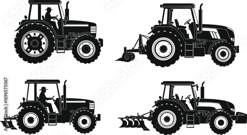 Vector illustration set of modern farm tractors with drivers and equipment, used for plowing, cultivating, and rural field work.