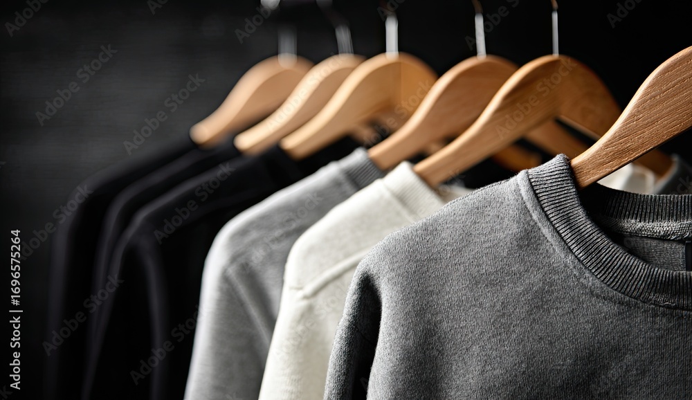 Obraz premium Row of various colored sweatshirts on wooden hangers
