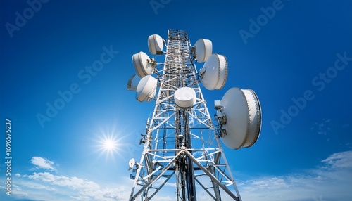 outdoor tall mobile phone tower with several large white circular antennas attached to it against the blue sky telecommunication tower with antennas