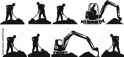 Silhouettes of workers digging soil and operating excavators at construction site, perfect for industrial, labor, and engineering project illustrations.