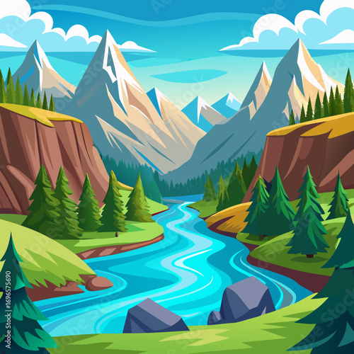 Vibrant cartoon mountain valley with winding river and lush greenery scalable vector illustration