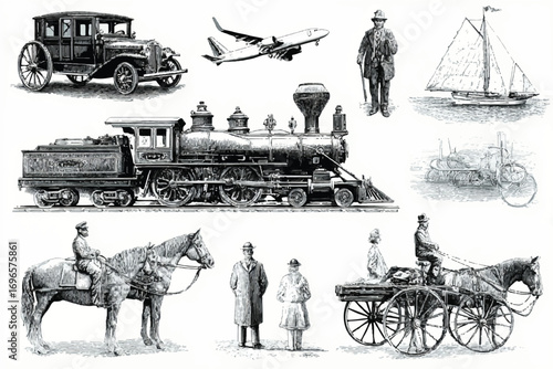 Variety of antique modes of transportation including cars trains planes sailboats and horse drawn carriages monochrome drawing