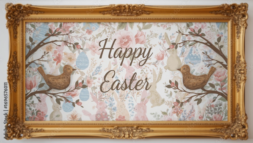 Obraz premium Joyful Easter greeting featuring wooden birch birds singing on a colorful backdrop with a golden border