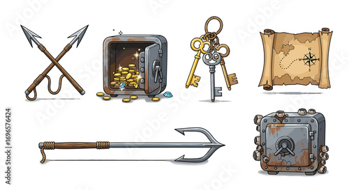 Cartoon Treasure Trove: Keys, Map, Coins, Weapons, and Secure Safes