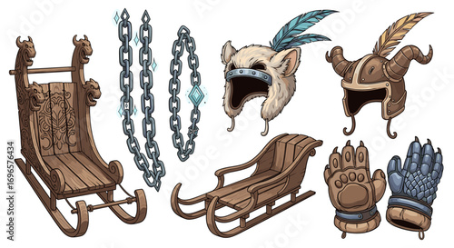 Whimsical winter ensemble: Sleds, helmets, and gloves for fantasy adventures