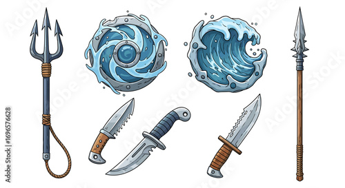 Aquatic Arsenal: Hand-Drawn Illustration of Fantasy Weapons and Water Shields