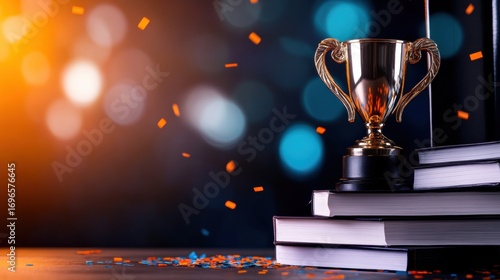 Celebrating academic achievement with a trophy on stacked books