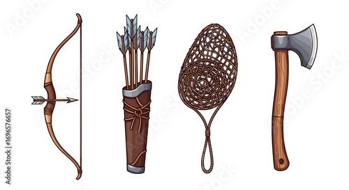 Illustrated Hunting and Survival Gear Set on a White Background