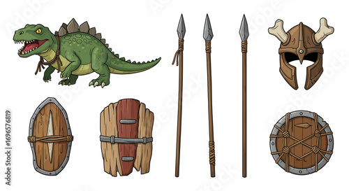 Cartoon dinosaur with weapons and armour ready for fantasy battle