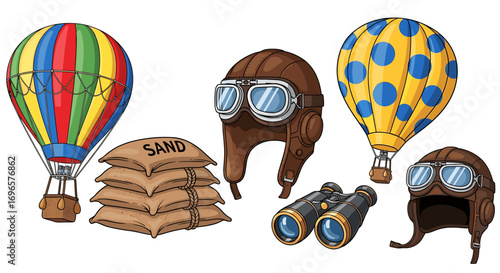 Whimsical Aviation Cartoon Featuring Hot Air Balloons and Vintage Gear