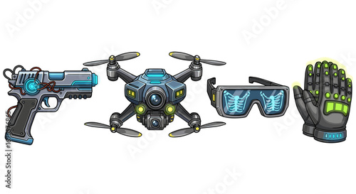 Cartoon Cyberpunk Technology: Drone, Gun, Glasses, and Glove on White