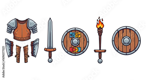 Cartoon Viking gear set with armor and various weapons isolated