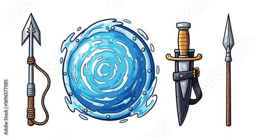 Cartoon Weapons and Portal Fantasy Adventure Set on White Background