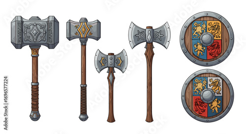 Fantasy Weaponry Set: Cartoon Hammers, Axes, and Shields Illustration