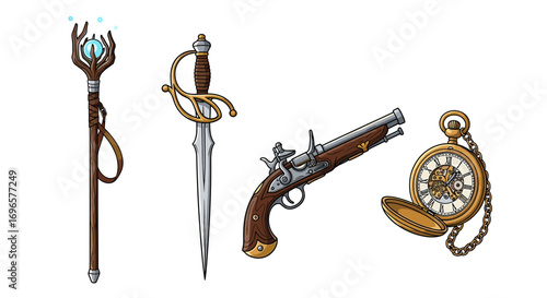 Assorted fantasy items, magical staff, sword, pistol and pocket watch