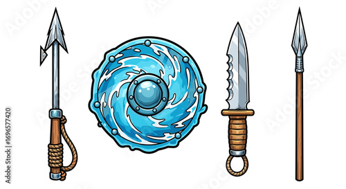 Cartoonish collection of melee weapons and defensive shield with water effect
