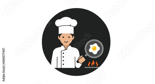 Culinary depiction of a chef preparing an egg with a frying pan against a dark backdrop in modern culinary art
