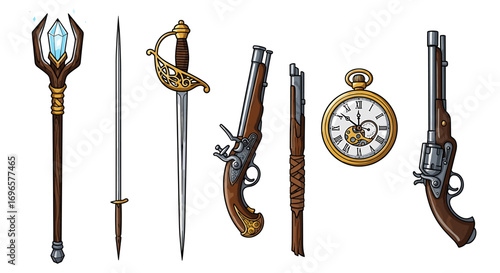 Cartoon Collection: Fantasy Weapons and Timepiece on White Background