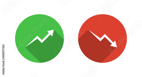 Upward and downward arrow icon with long shadow. Growth and decline chart symbol. Rising and falling trend concept