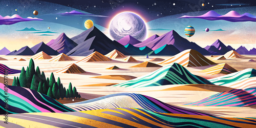 Abstract fantasy desert with surreal geometric dunes, mystical horizon, dreamlike magical atmosphere, unique landscape design