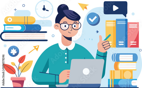Student Studying Online with Laptop and Books Vector Illustration,educational icons,digital learning elements,online education,modernstudy, academic success,Perfect for concepts related to e-learning,