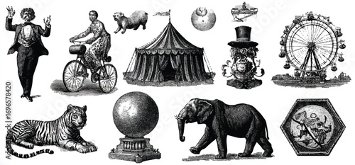Vintage Circus and Entertainment Illustration with Performers Animals and Attractions in Black and White