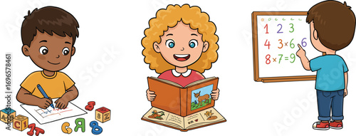 Cartoon kids learning through drawing, reading books, and solving math problems on whiteboard, fun educational activities for young children