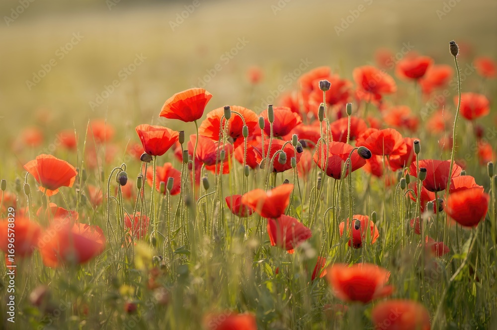Fototapeta premium Close-up view of a vibrant red poppy field in bloom during spring.