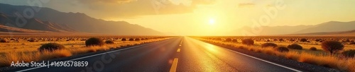 Endless asphalt ribbon vanishing into a hazy, sun-drenched distance, promising adventure and the open road Perfect for travel, freedom, journey, and exploration themes , shadow, vehicle, road trip