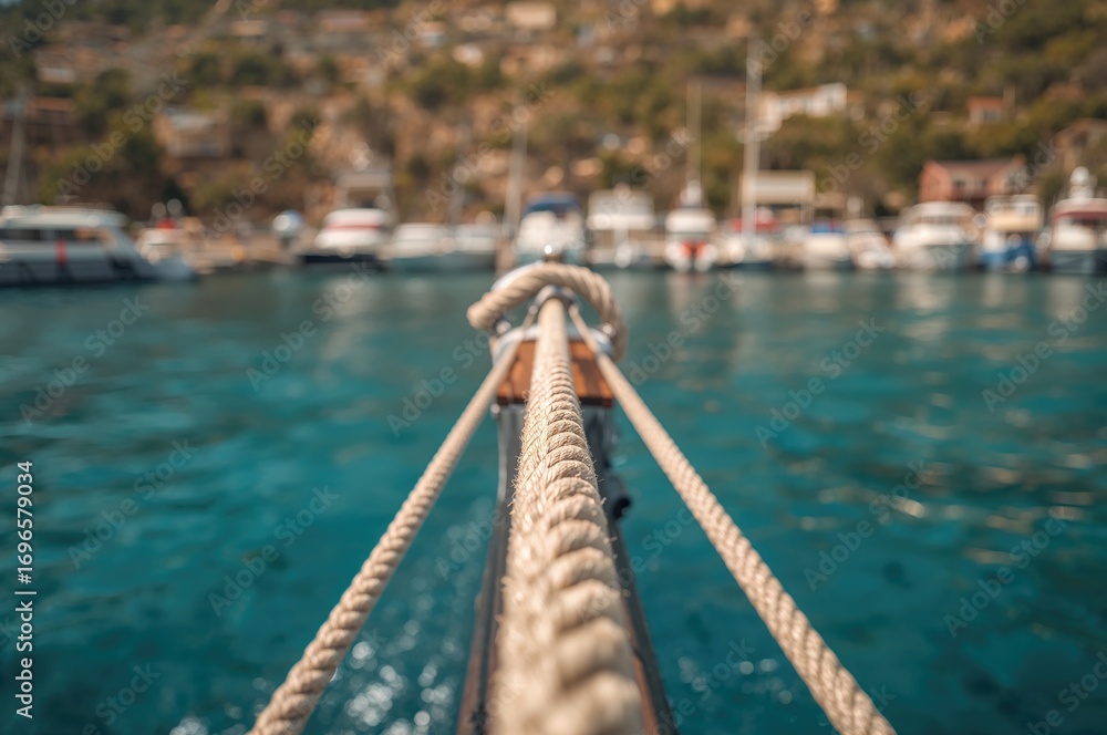 Naklejka premium Detailed view of a ship secured with ropes at the dock