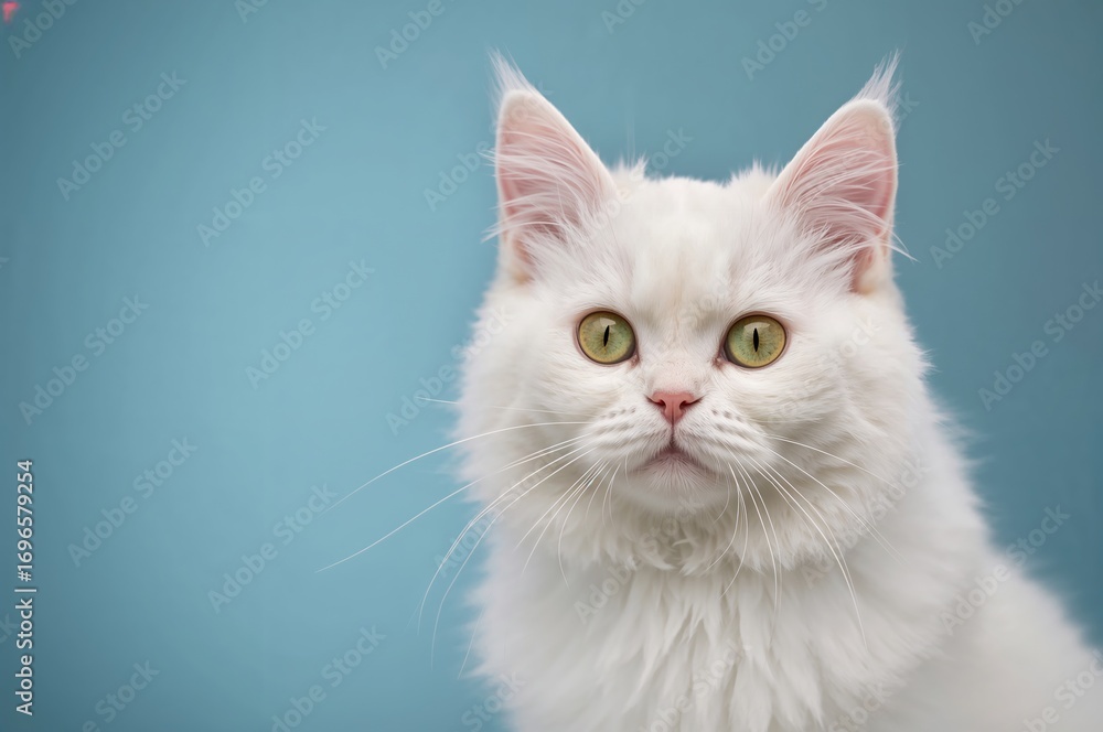 Obraz premium Close-up of an adorable white cat against a broad blue backdrop