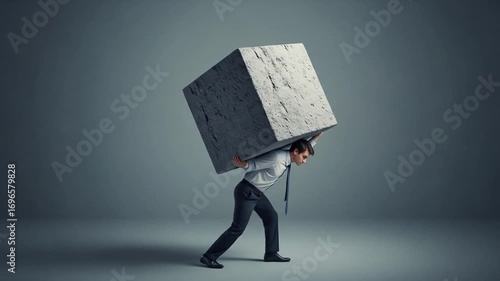 Man struggling to carry a heavy burden on his shoulders.