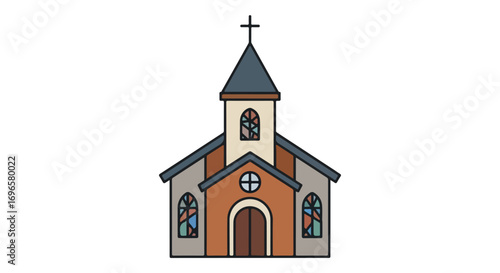 Stylized church building illustration featuring architectural details and religious symbolism with cross and stained glass and neutral palette